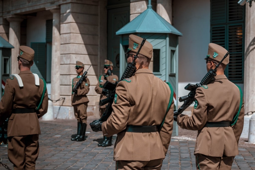 The changing of the guards outside the Hungarian Presidential Palace