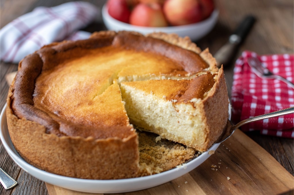 Freshly baked käsekuchen cake