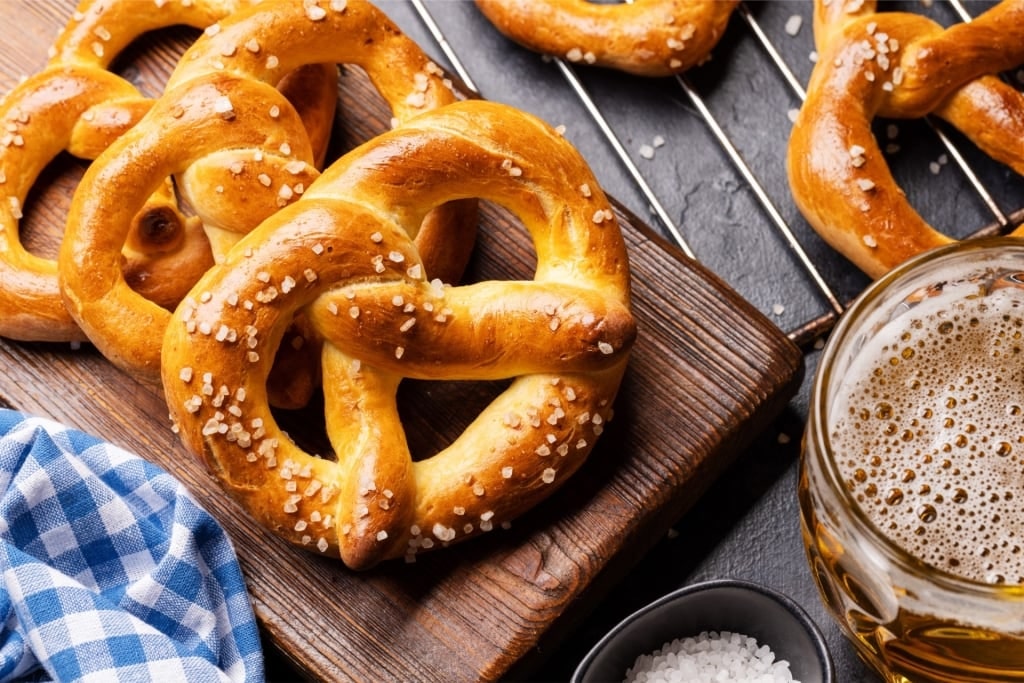 Platter of freshly baked German pretzels
