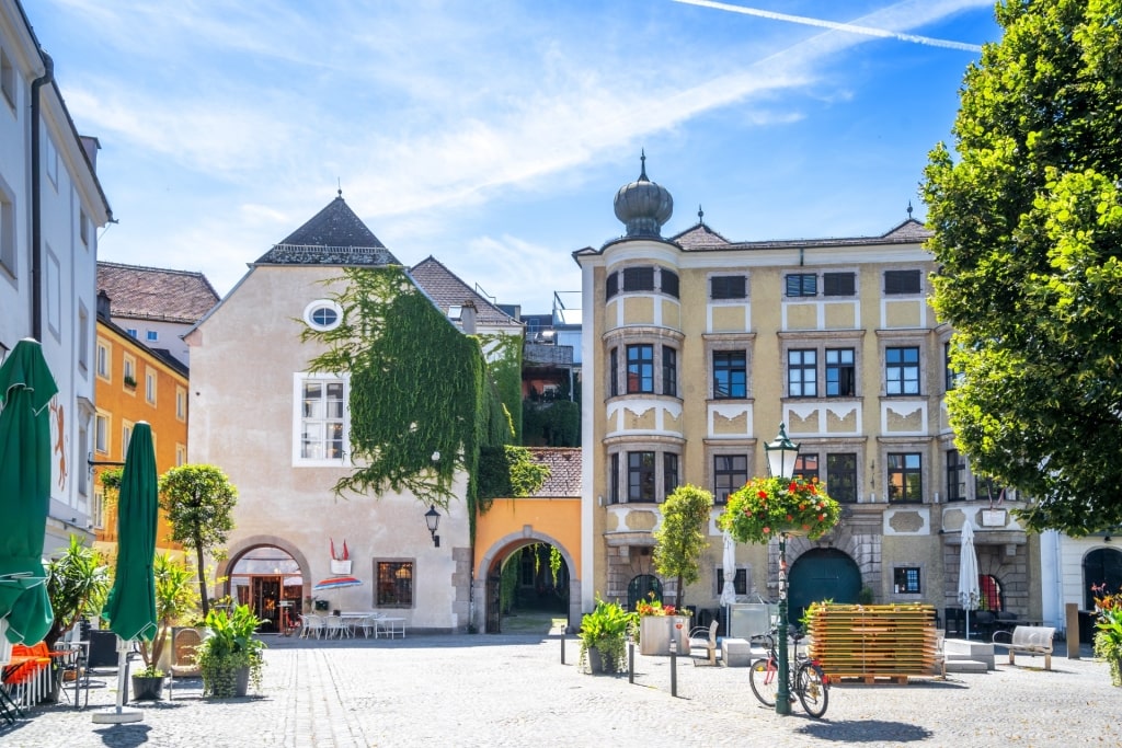 Street view of lovely Hauptplatz in Linz Austria