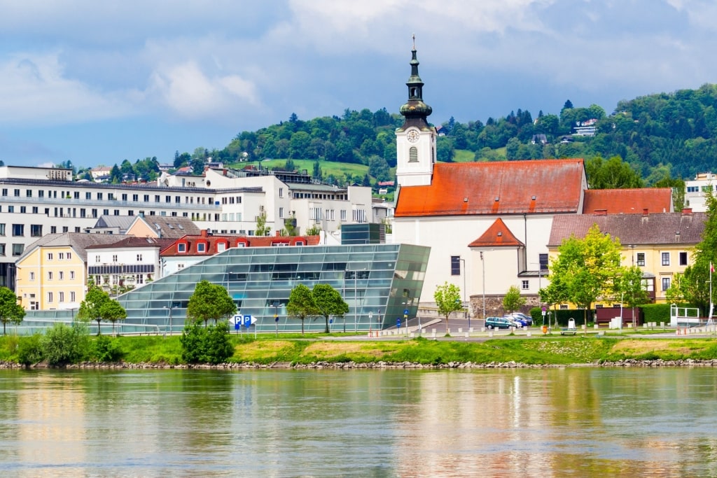 Unique architecture of Ars Electronica Center along Linz waterfront
