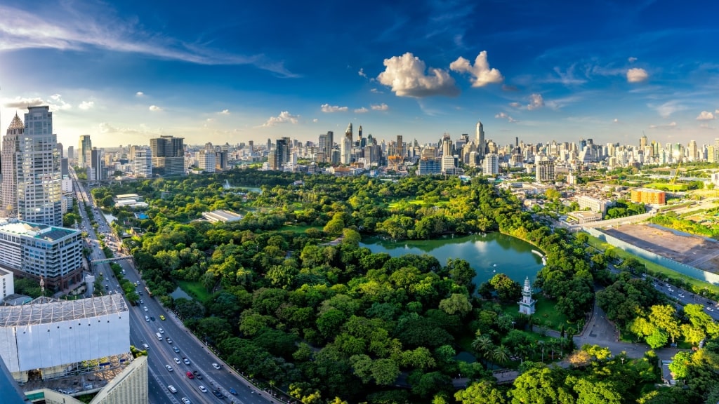 Lush landscape of Lumpini Park, Bangkok
