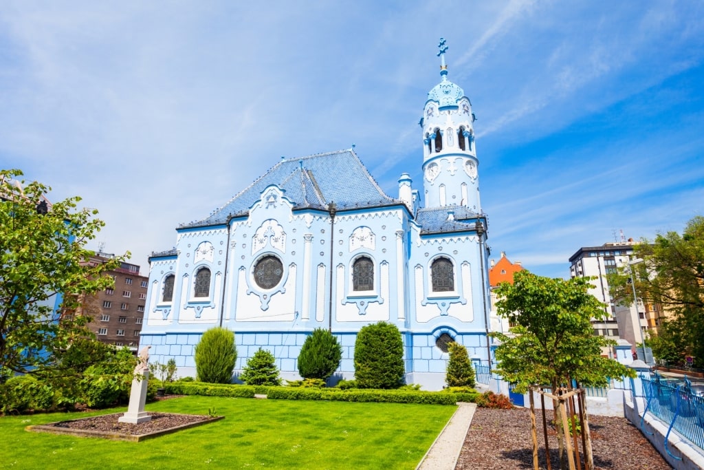 Blue facade of Church of St. Elizabeth of Hungary