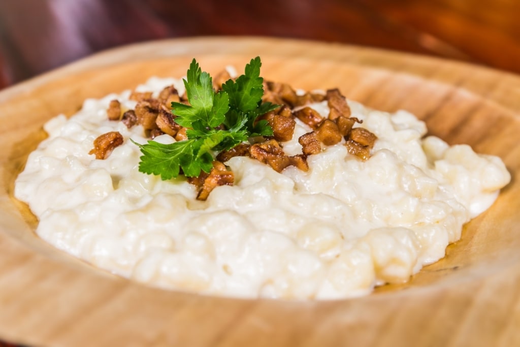 Bowl of cheesy Bryndzové Halušky