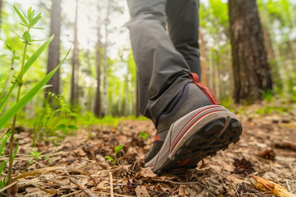 Man wearing sneakers while hiking