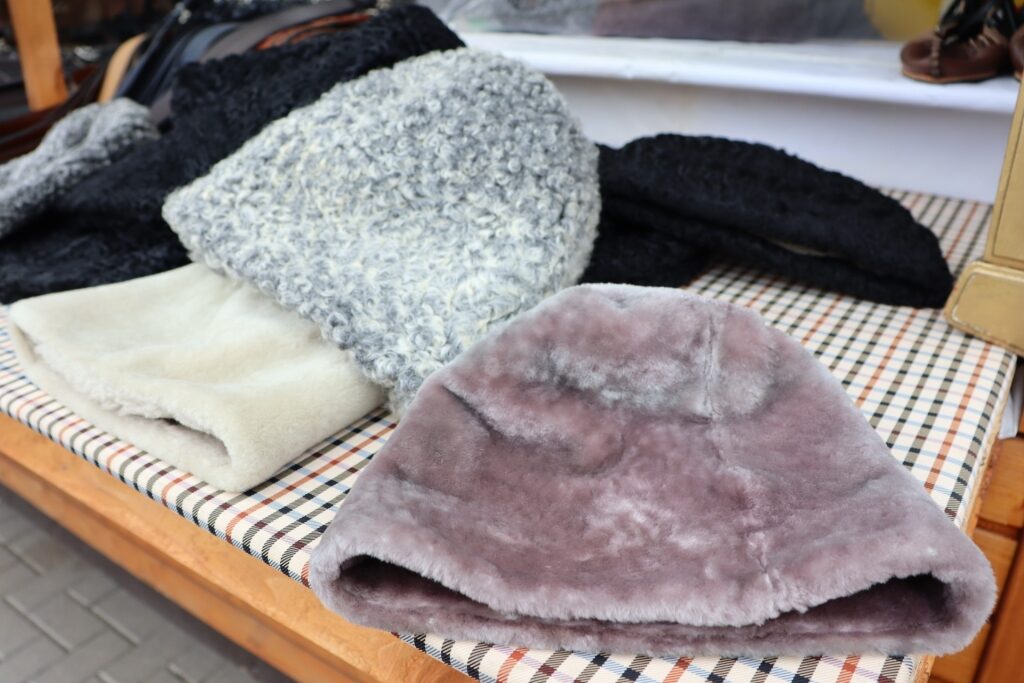 Fleece hats on a table
