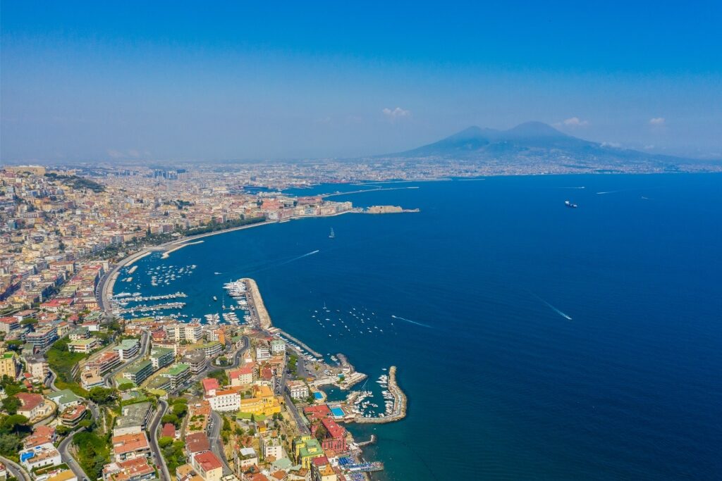 Beautiful landscape of Naples, Italy with view of the volcano
