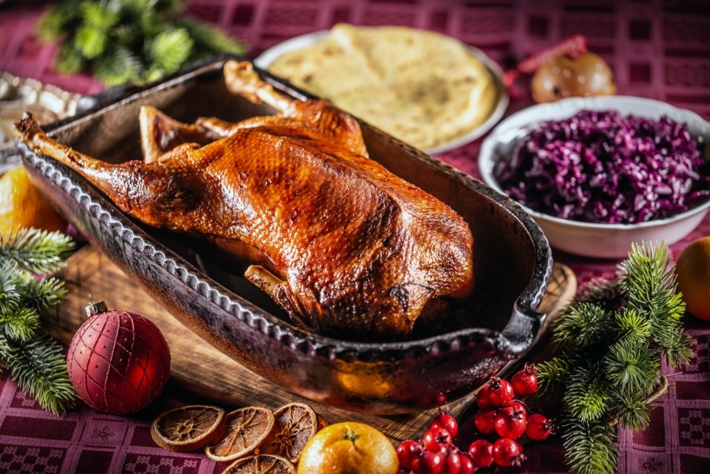 Festive roasted goose on a table