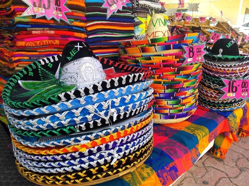 Hats for sale inside a souvenir shop in Cancun