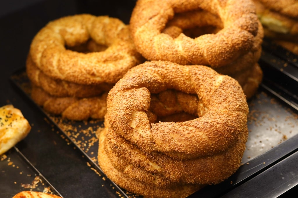 Freshly made simit on a counter