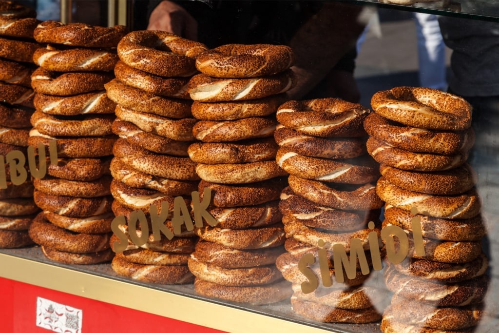 Stacks of simit from a street cart