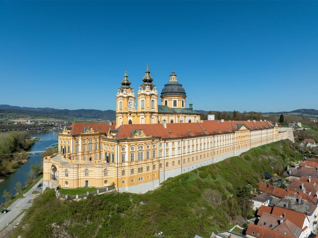 Scenic landscape of Melk Abbey atop a hill