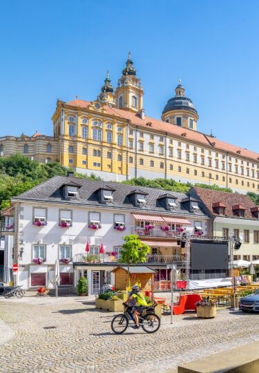 Pretty street view of Melk Austria with abbey