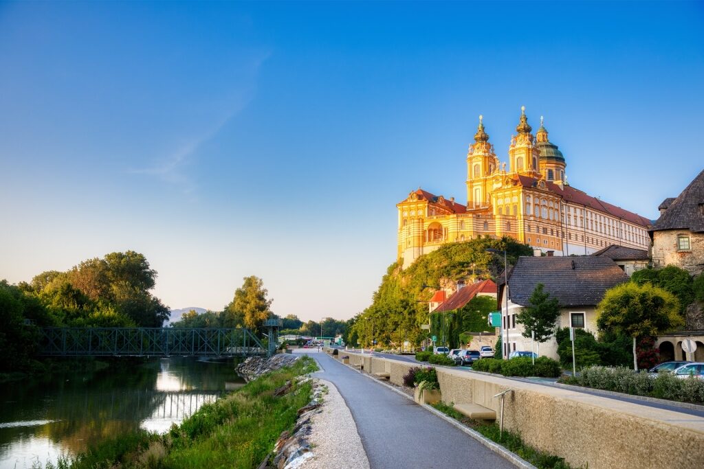 Quiet Danube Cycle Path with view of the abbey