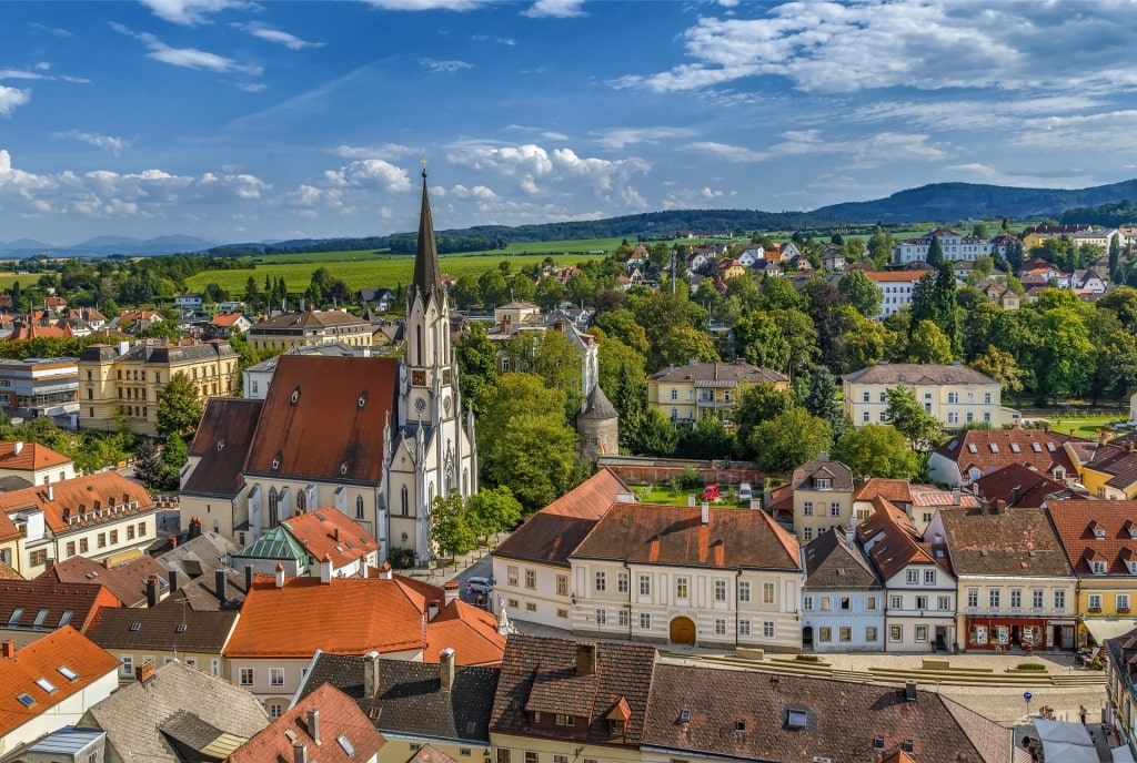 Aerial viw of an Austrian town with view of the church