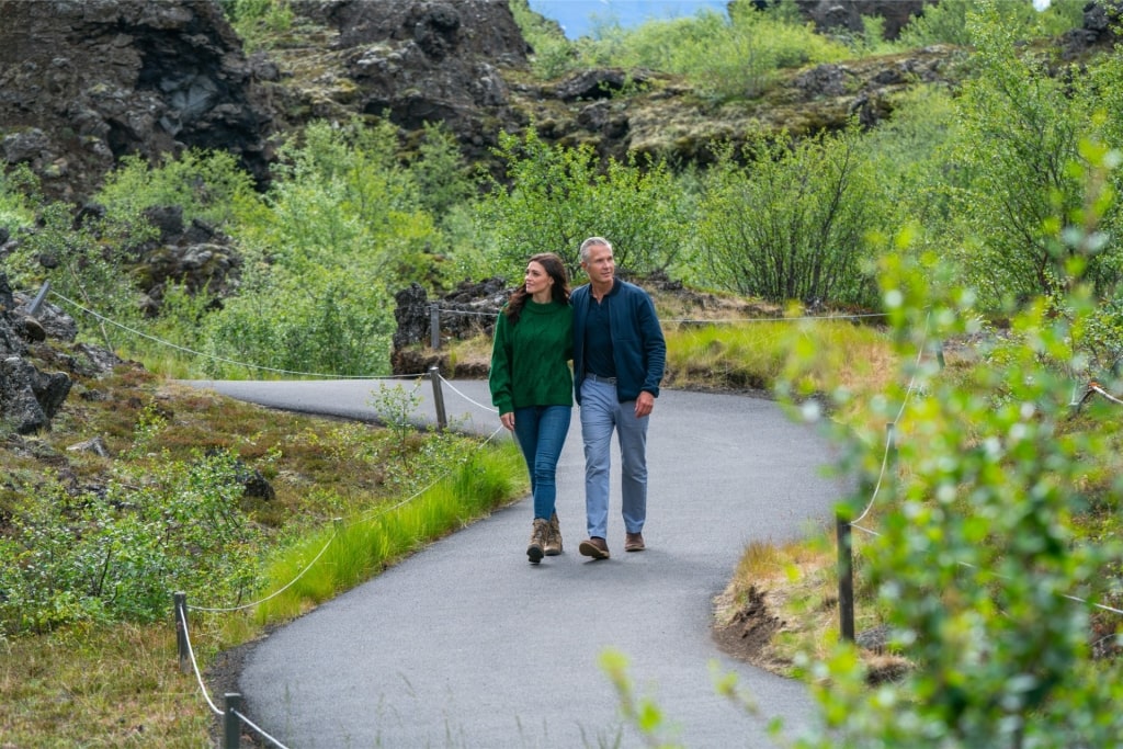 Couple hiking in Thingvellir National Park