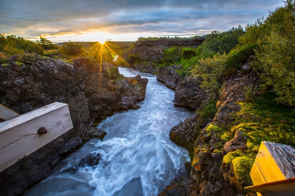Rugged landscape of Barnafoss Waterfall