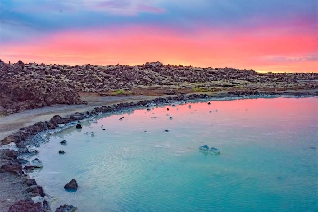 Unique landscape of the Blue Lagoon during midnight sun
