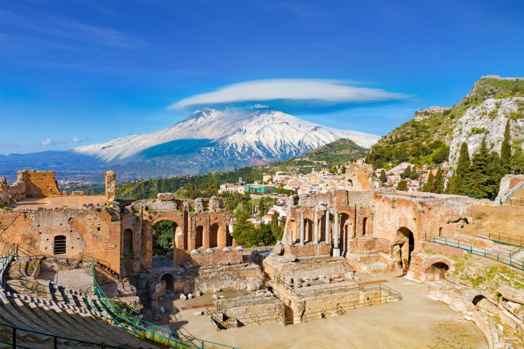 View of Mount Etna with Greek Theatre in Sicily, Italy