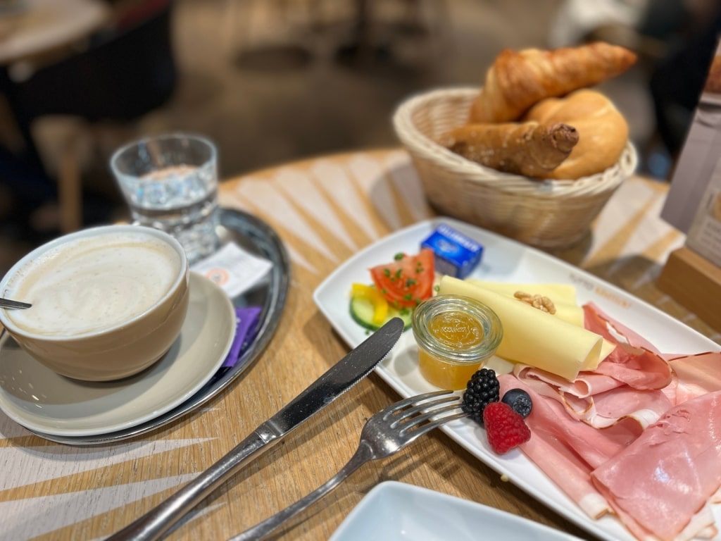 Coffee and food inside a cafe in Vienna