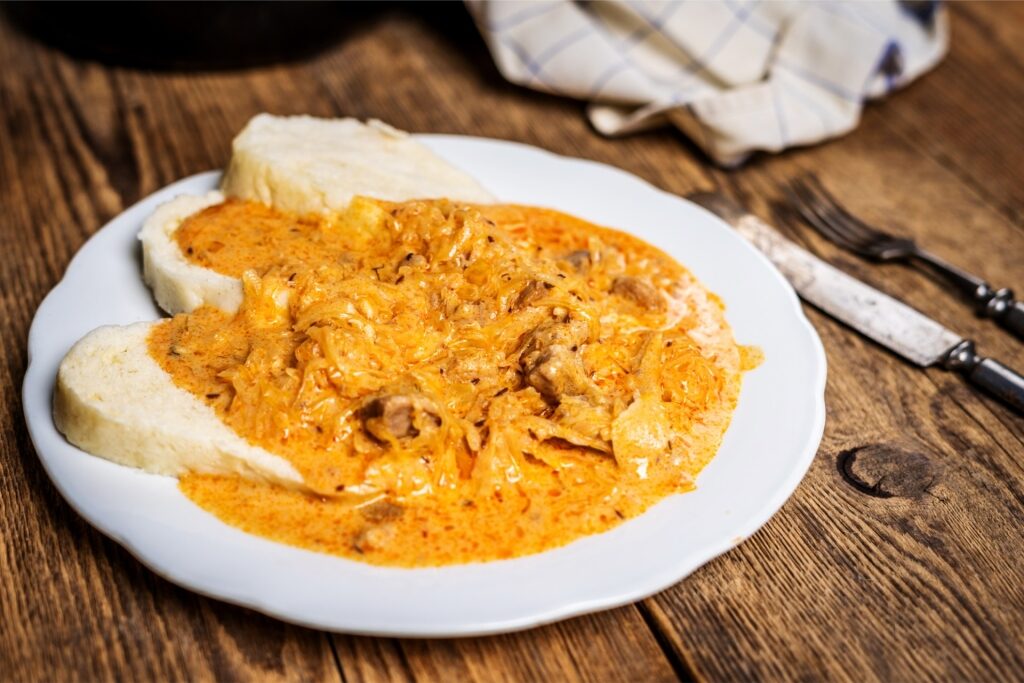 Hearty segedínsky guláš on a plate