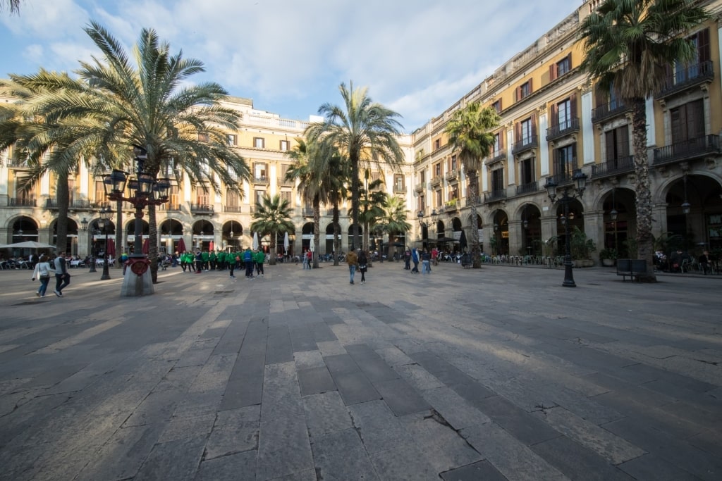 Street view of Plaça Reial in Gothic Quarter Barcelona