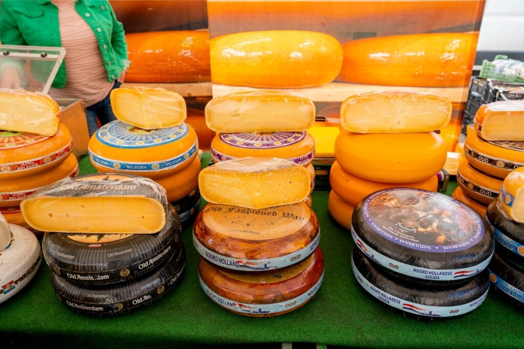 Variety of Dutch cheeses at Amsterdam street market
