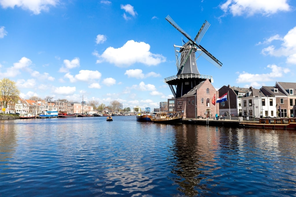 Molen De Adriaan windmill with blue sky in Amsterdam