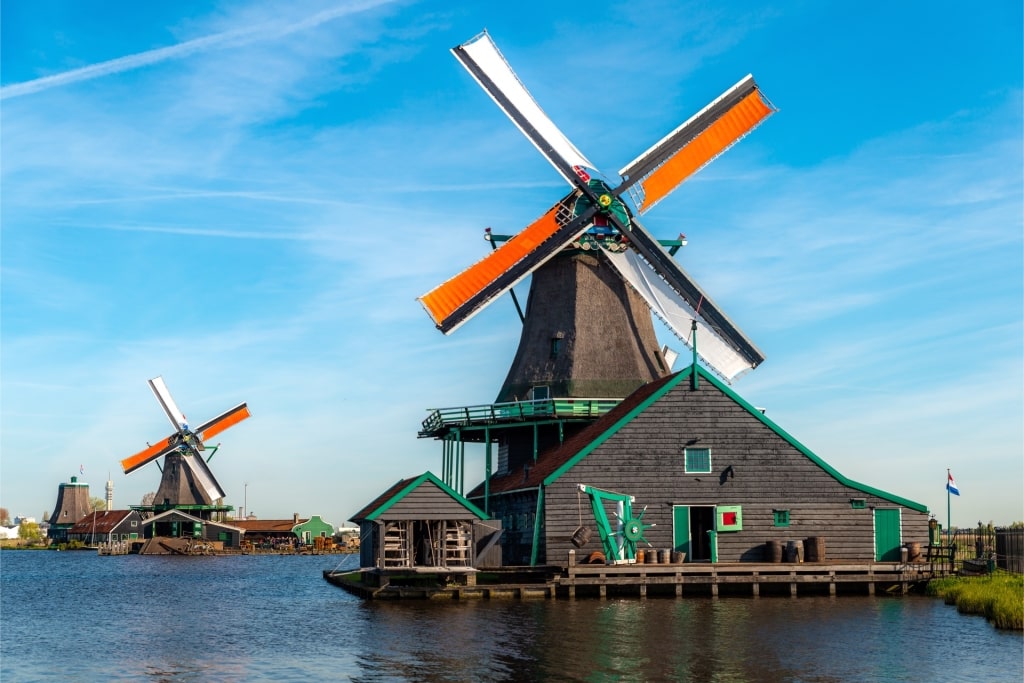 Scenic view of Zaansche Molen windmill in Amsterdam