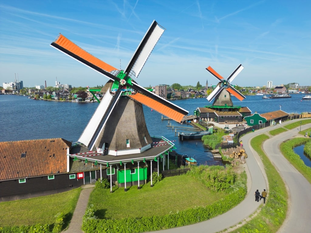 Scenic Zaansche Molen windmill landscape in Amsterdam