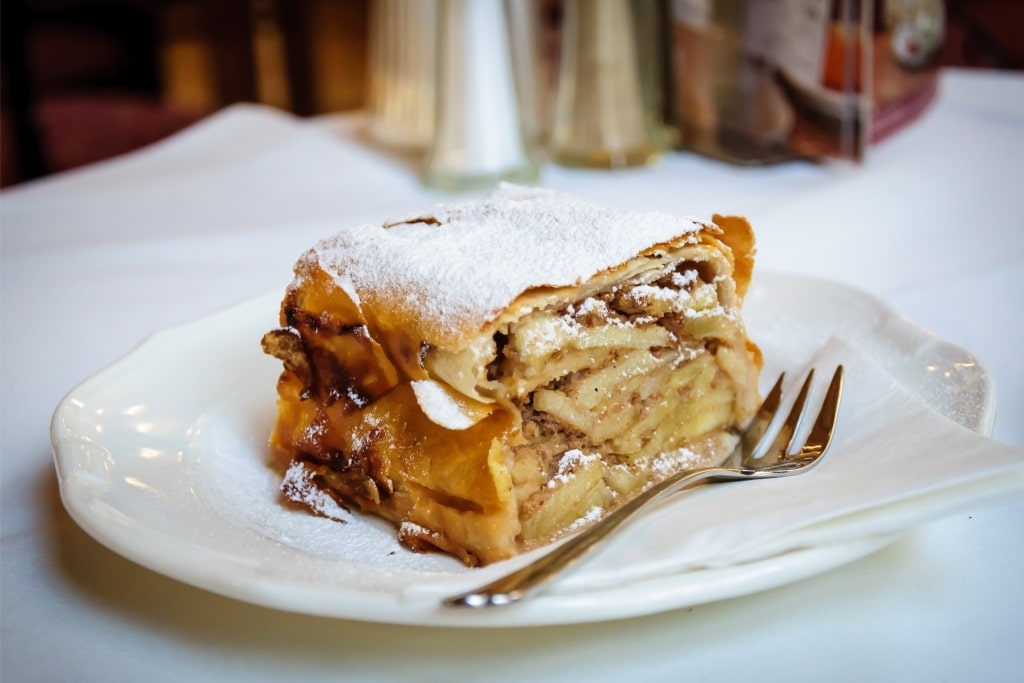 Slice of Apfelstrudel with apple filling
