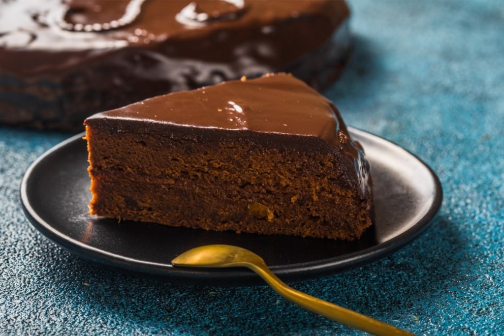 Slice of traditional Austrian Sachertorte