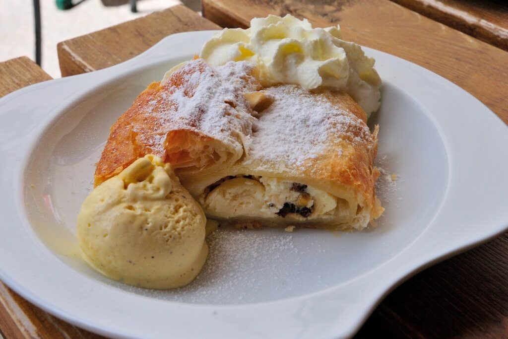 Slice of Topfenstrudel with quark cheese filling