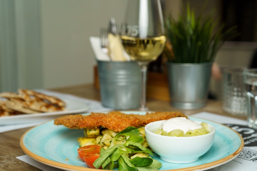 Schnitzel with wine at a restaurant