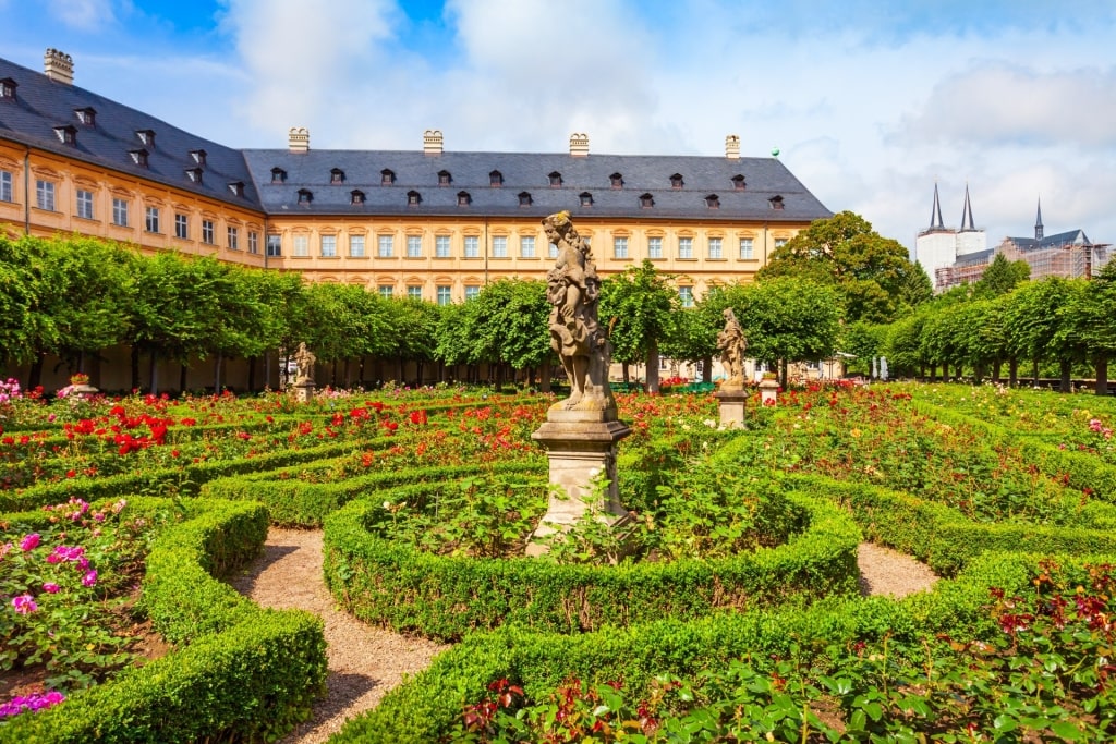 Exterior of Neue Residenz with view of the lush Rose Garden in Bamberg Germany