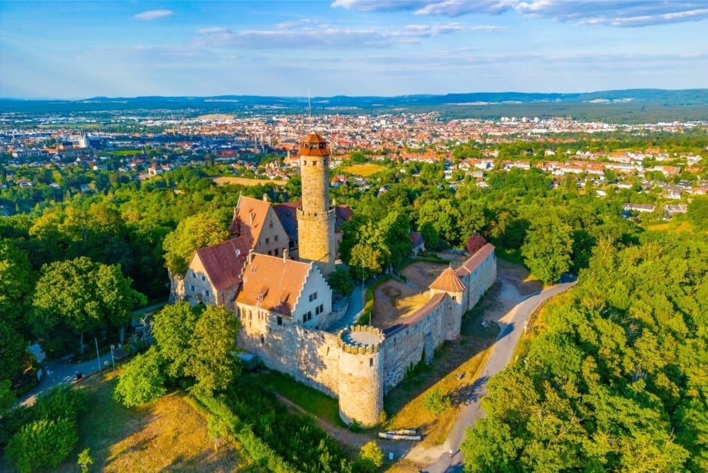 Aerial view of Altenburg Castle with lush greenery