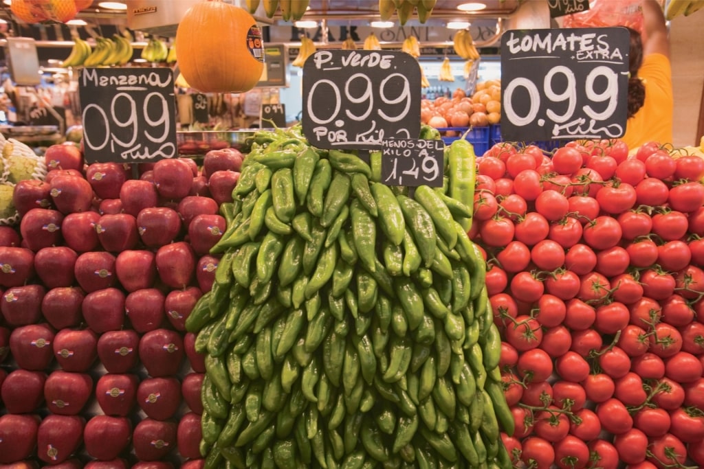 Various produce inside La Boqueria market
