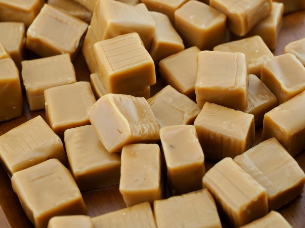 Caramel squares in a bowl
