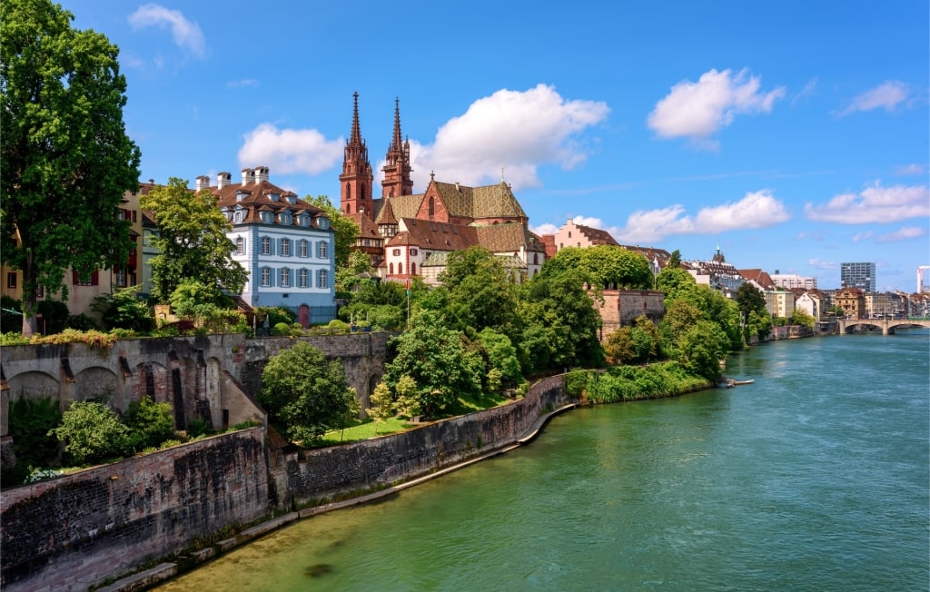 Scenic landscape of Basel viewed from the river