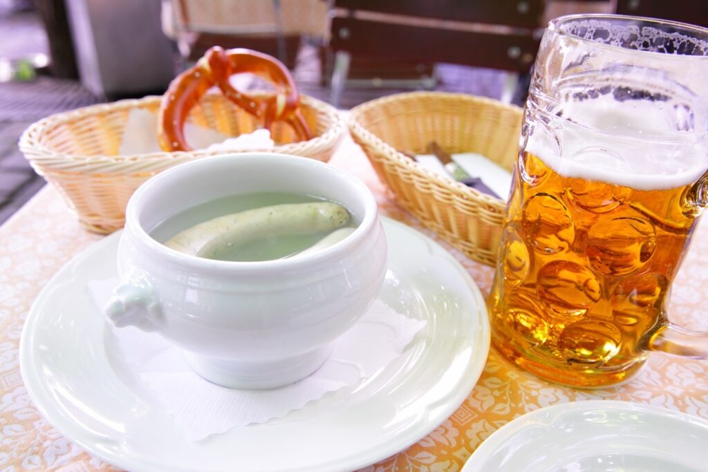 Traditional Bavarian meal with sausage and beer