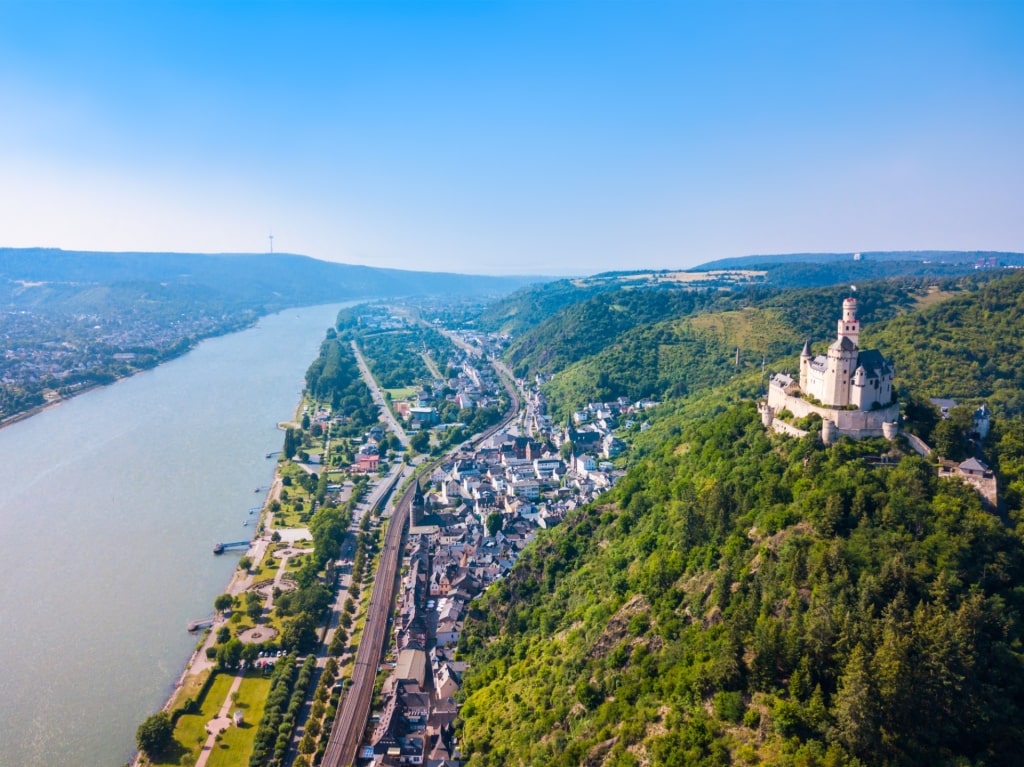 Scenic view of Marksburg Castle towering over the river