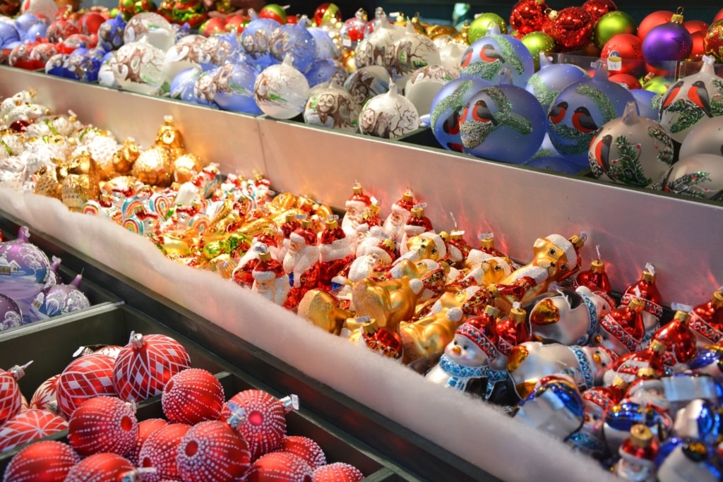 Festive glass ornaments and holiday décor sold at Salzburg market, Austria