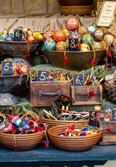 Festive Christmas decorations displayed for sale at Schönbrunn Market, Vienna