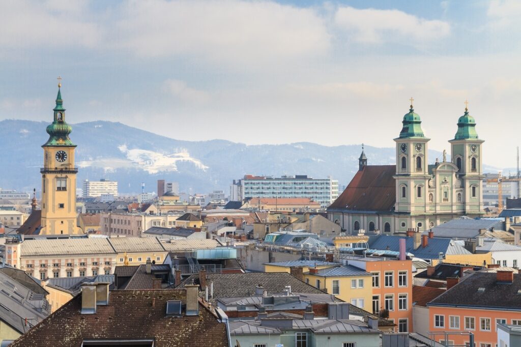 Aerial view of Linz, Austria showcasing skyline and landmarks