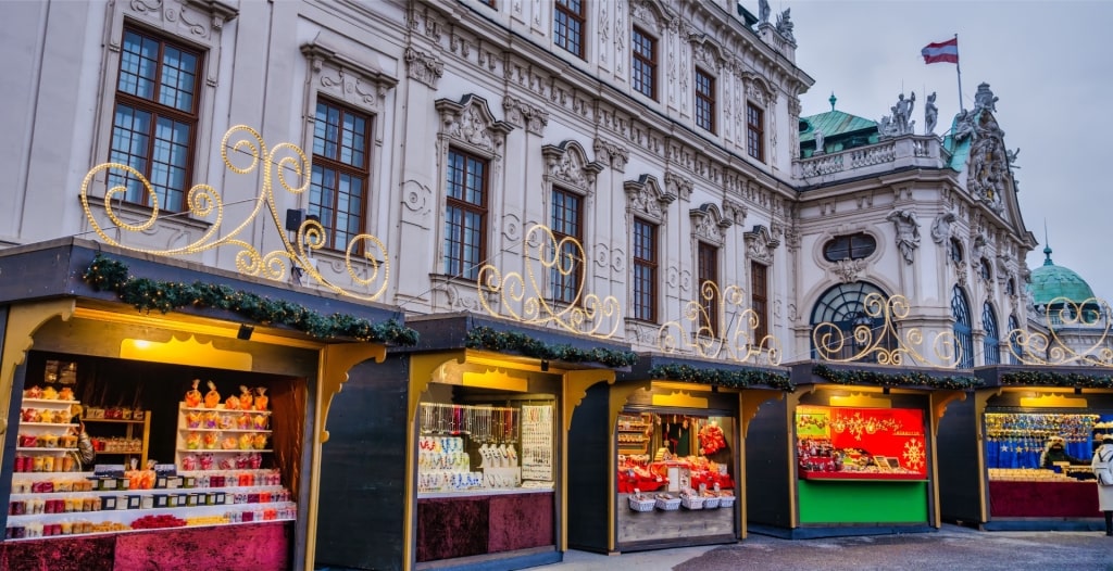 Christmas Village at Belvedere Palace in Vienna, Austria with festive stalls