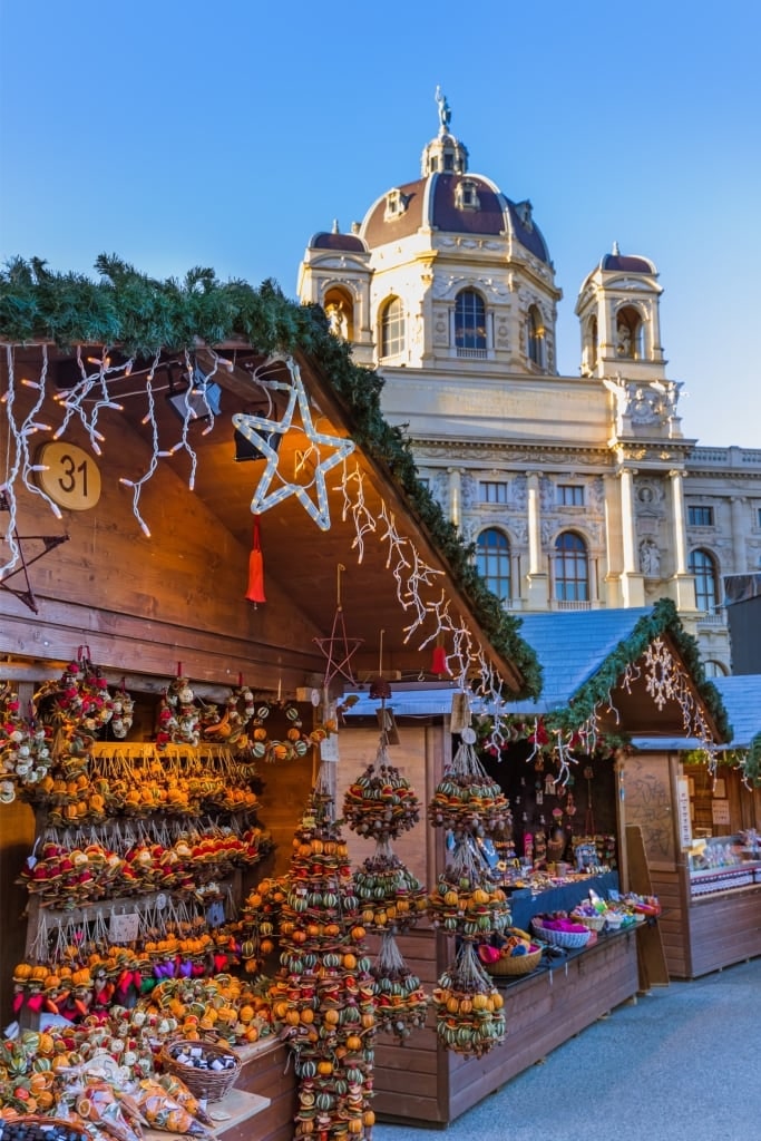 Traditional wooden market stalls and Christmas decorations at Maria-Theresien-Platz, Vienna