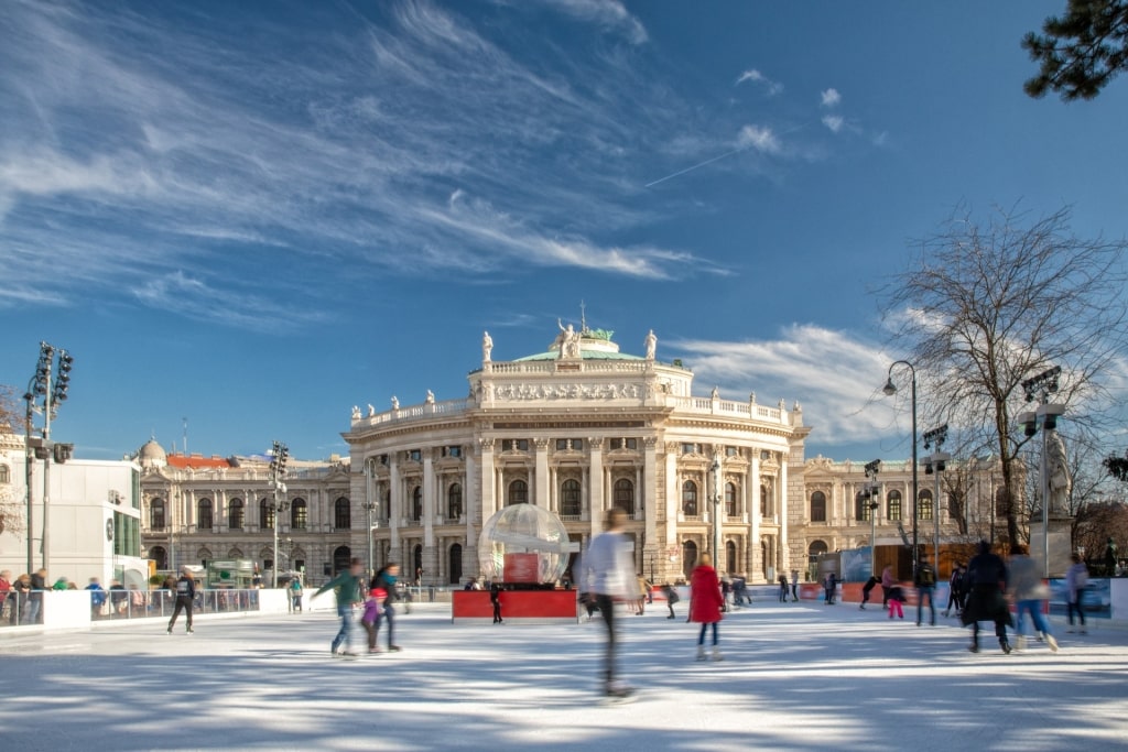 Outdoor ice skating rink at Rathauspark in Vienna, Austria during winter