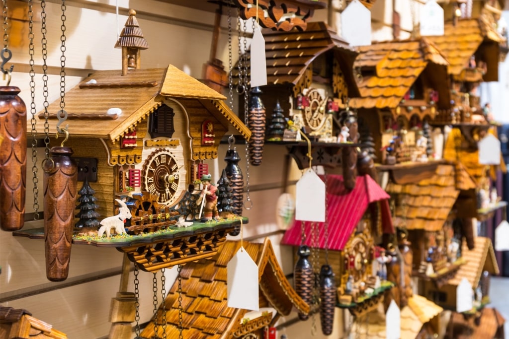 Decorative cuckoo clocks at a market in Black Forest, Germany