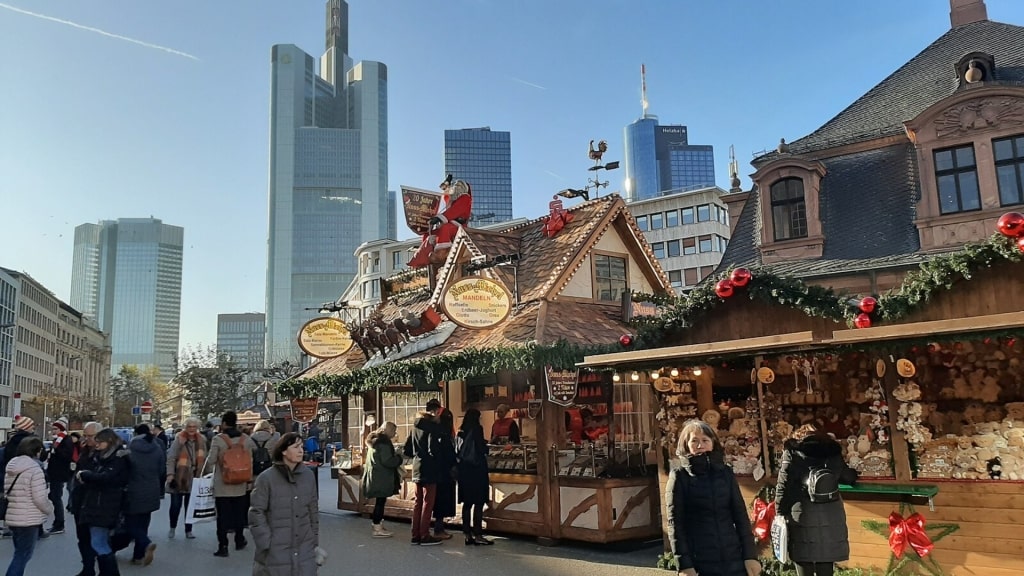 Christmas market in Hauptwache, a central landmark in Frankfurt