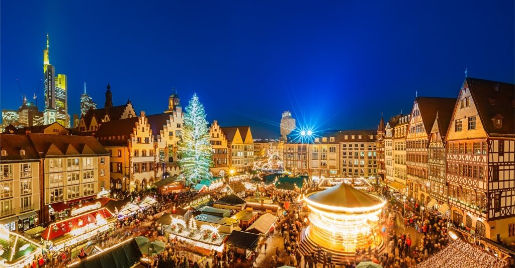 Festive stalls at Frankfurt Christmas market, one of the best christmas markets in Germany